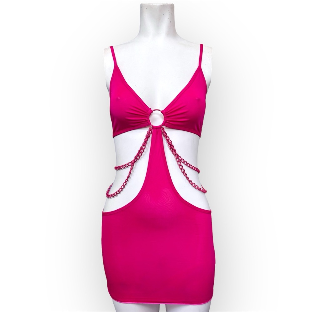 Y2K style deadstock Leg Avenue hot pink chain clubbing mini rave dress